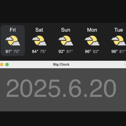 a mashup of the weekend's weather forecast (showing temps of 81-96F) with a "big clock" from the recording software "Reaper"