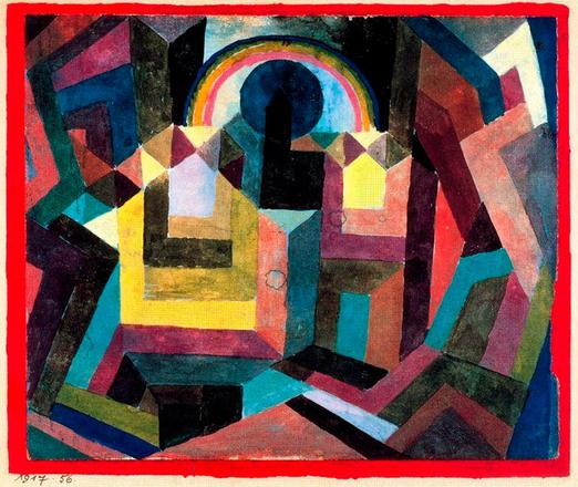 an abstract painting with very little apparent reference to reality, composed of rectilinear blocks of varied color in strange angular relationships with one another.  There are two curving forms in the middle top, a rainbow over a dark blue circle, that look a little like an eye.