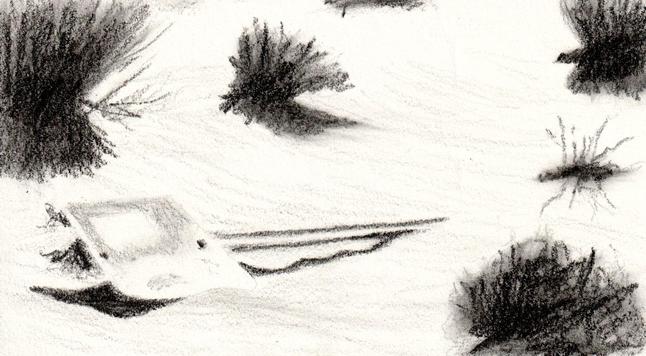 A graphite sketch of a toppled sign laying in the desert sand.