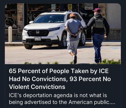 An individual with their hands handcuffed is being led away by a person in a special agent vest. A white SUV is parked nearby, and the setting appears to be outside a commercial building, with text summarizing statistics about ICE detentions displayed prominently…