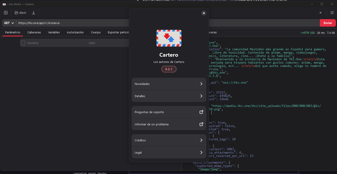 Cartero versión 0.2.1 mostrando un json de tkz.one