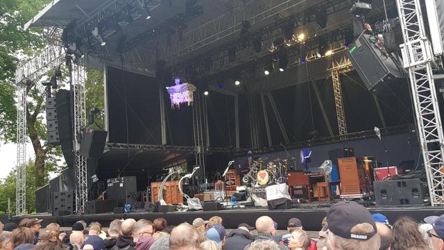 Photograph of a stage rigged and ready for Neil Young's Bergen-performance June 20 2025. Real photographer: me.