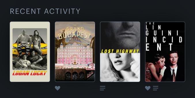 Posters for four movies:
Logan Lucky
The Grand Budapest Hotel
Lost Highway
The Linguini Incident