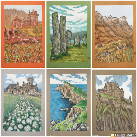A photo collage of some of my Scottish landscape artworks:
Eilean Donan Castle, the Callanish Stones on the Isle of Lewis, Iona Abbey, Neist Point on the Isle of Skye and Edinburgh Castle