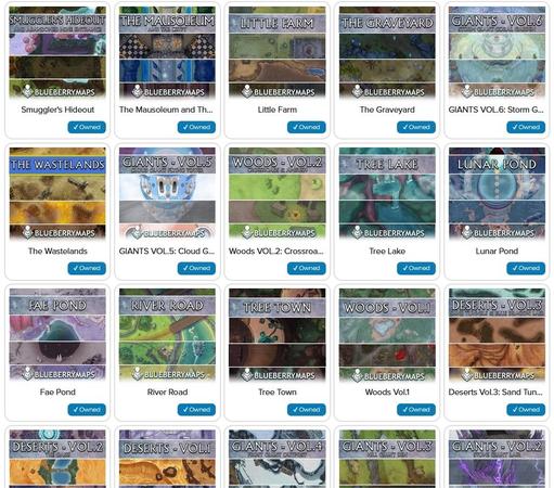 Screenshot of some of the covers of my map bundles, all lined up in the Roll20 website. All very colourful with their names in big white capital letters and my logo on the bottom of the picture.