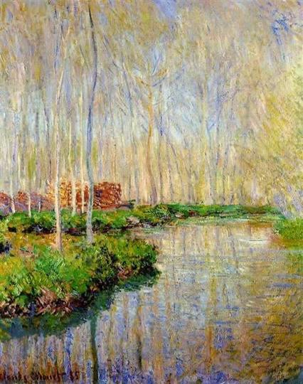 A wonderful painting of a placid river with tall trees on its bank depicted by Claude Monet in his typical impressionist style.