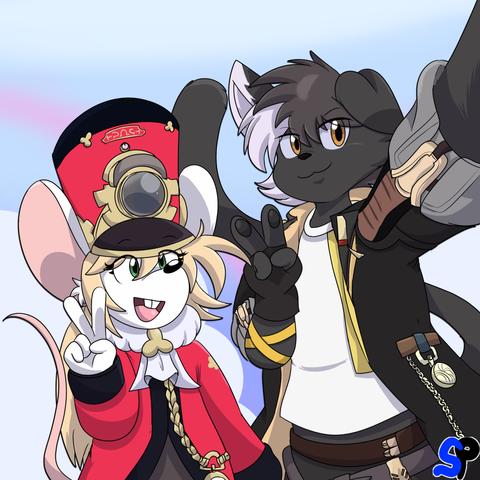 An anthropomorphic mouse and cat holding up peace signs with their hands while the cat is holding up a camera.