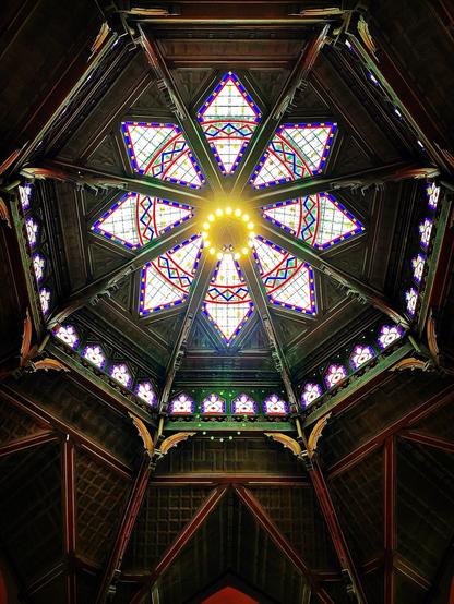 Chancellor Green Library cupola at Princeton University features an ornate 8-point star made of glass.