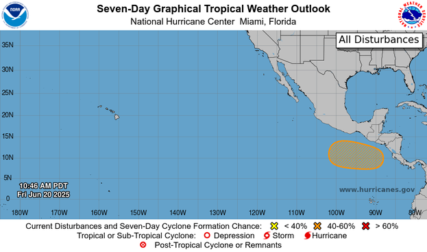 ZCZC MIATWOEP ALLTTAA00 KNHC DDHHMMTropical Weather OutlookNWS National Hurricane Center Miami FLIssued by the NWS Weather Prediction Center College Park MD1100 AM PDT Fri Jun 20 2025For the eastern and central North Pacific east of 180 longitude:1. Offshore of Central America and Southern Mexico:An area of low pressure is forecast to develop early next week off the coast of Central America. Environmental conditions appear conducive for some gradual development after that time and a tropical depression could form as the system moves west-northwestward off the coasts of Central America and southern Mexico.* Formation chance through 48 hours...low...near 0 percent.* Formation chance through 7 days...medium...40 percent.Forecaster Cangialosi/Bucci