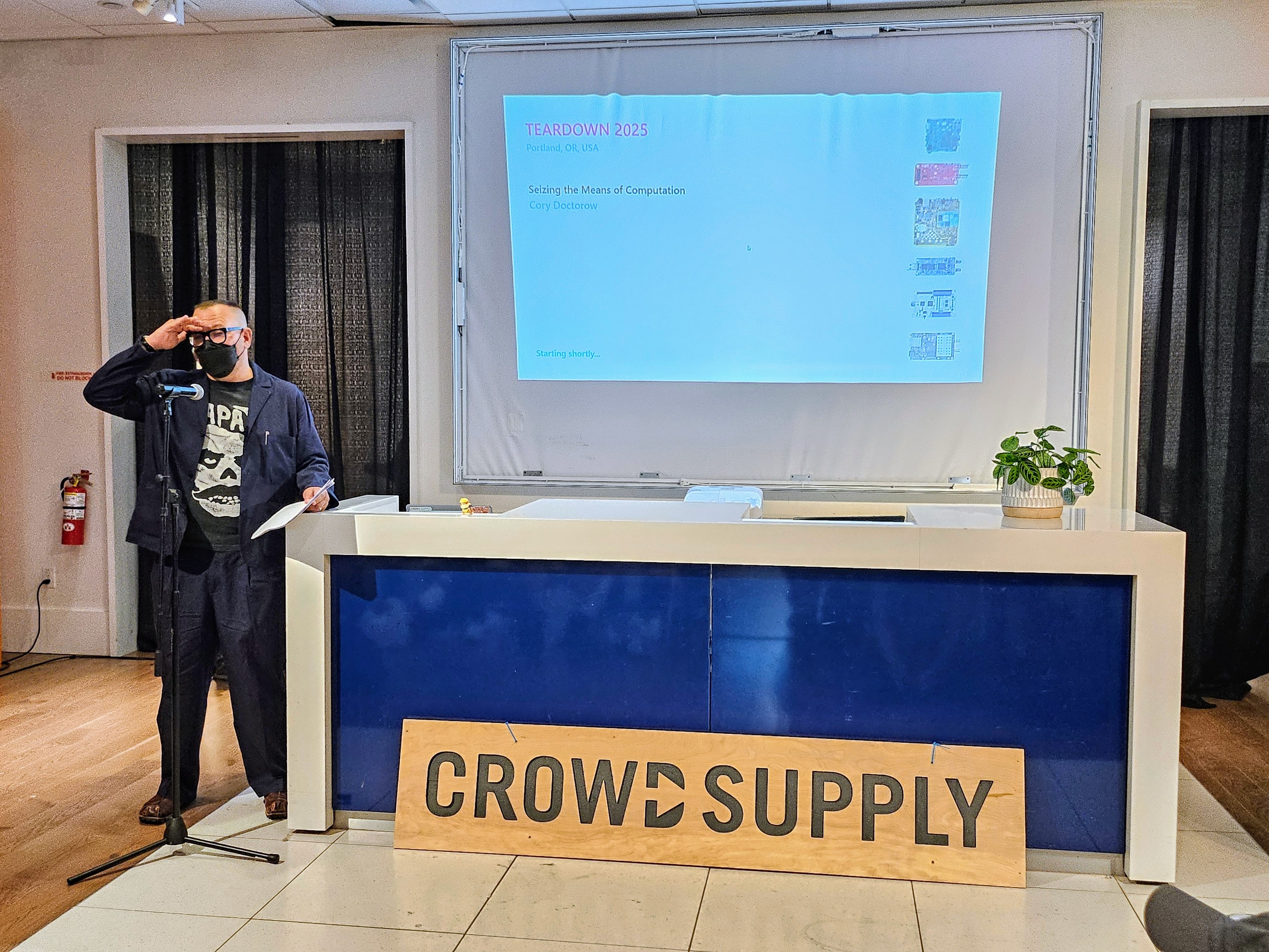 Corey Doctorow speaking on the Crowd Supply Teardown stage