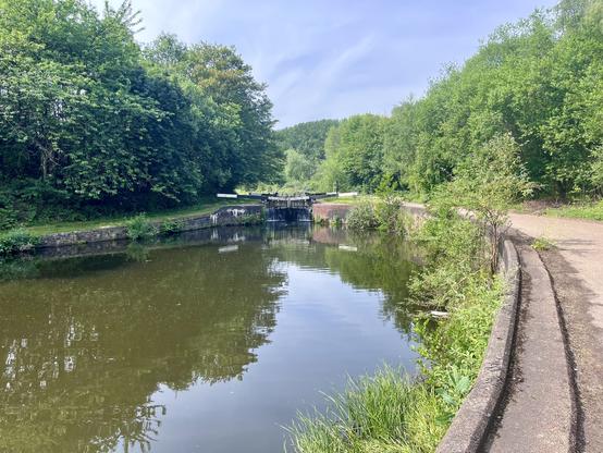 A murky but still canal basin, with a towpath on the right. In the middle distance is a set of lock gates. Both banks are lined with green trees and the sky between is light blue with few wispy clouds