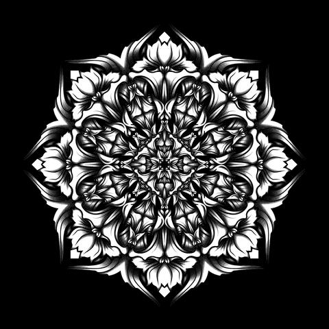 Eight-fold axis white mandala with pencil shading on a black background representing stylized moonflowers rotating and blooming in eight directions and flowing inwards and outwards to and from the centre.