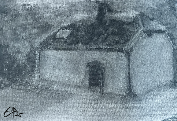 a charcoal sketch of the cottage at Clouds Hill