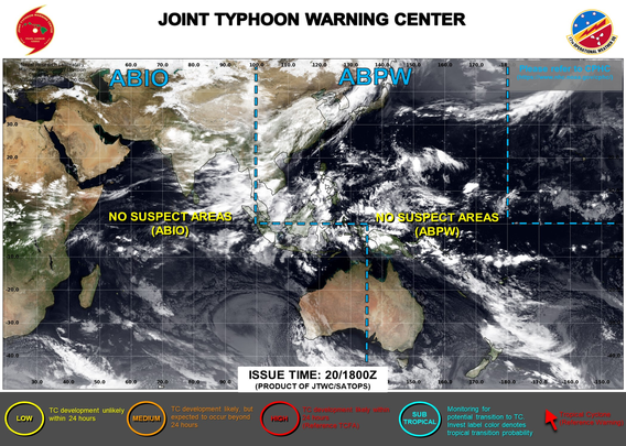 ABPW10 PGTW 200600
MSGID/GENADMIN/JOINT TYPHOON WRNCEN PEARL HARBOR HI//
SUBJ/SIGNIFICANT TROPICAL WEATHER ADVISORY FOR THE WESTERN AND SOUTH 
PACIFIC OCEANS/200600Z-210600ZJUN2025//
RMKS/
1. WESTERN NORTH PACIFIC AREA (180 TO MALAY PENINSULA):
   A. TROPICAL CYCLONE SUMMARY: NONE.
   B. TROPICAL DISTURBANCE SUMMARY: NONE.
   C. SUBTROPICAL SYSTEM SUMMARY: NONE.
2. SOUTH PACIFIC AREA (WEST COAST OF SOUTH AMERICA TO 135 EAST):
   A. TROPICAL CYCLONE SUMMARY: NONE.
   B. TROPICAL DISTURBANCE SUMMARY: NONE.
   C. SUBTROPICAL SYSTEM SUMMARY: NONE.//
NNNN