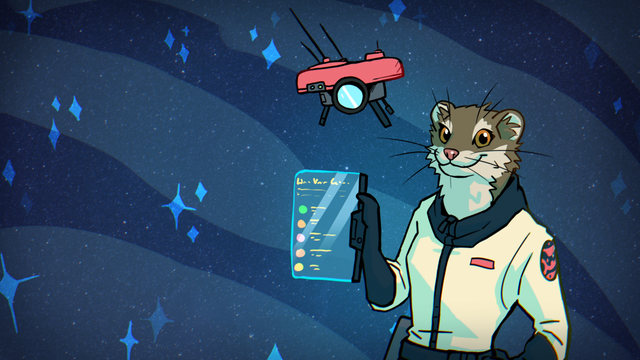 Depicted is a stout holding a futuristic tablet in her hand, while a red camera drone is flying nearby. 
Art by @raironu