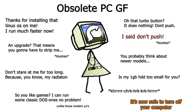 Obsolete PC GF:
In the middle a simplitic drawing of a humanoid creature with a crt monitor displaying a female face on the windows xp default background for a head is shown. Her body consiste of a beige computer warped into a triangle. Various texts surround her:

Thanks for installing that linux os on me! I run much faster now!

An upgrade? That means you gonna have to strip me...
*blushes*

Don't stare at me for too long. Because, you know, my radiaton

So you like games? I can run some classic DOS-ones no problem!
unlike those modern pc's

Oh that turbo button? It does nothing! Dont push.

I said don't push!
*blushes*

You probably think about newer models...

Is my 1gb hdd too small for you?

*khrrrrr-chrk-hrk-krk-hrrrrr*

It's now safe to turn off your computer