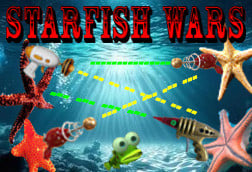 star fish photoshopped in an underwater scene holding 1950s style lazer guns in a battle with a terrified little fish in the middle of the Star Fish War