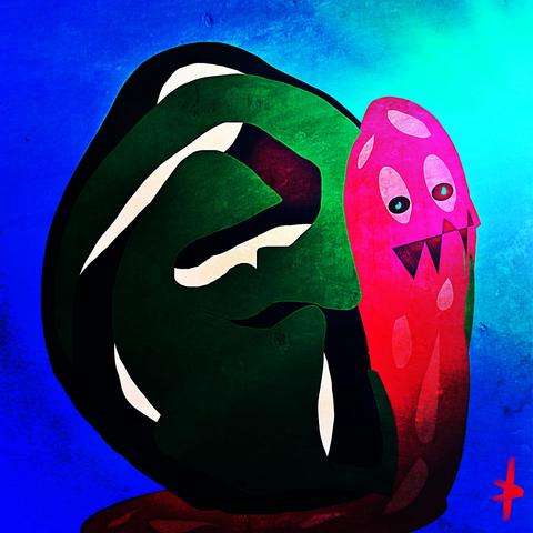 Digital finger painting of a weird snail. 

Ai description:

A vibrant, abstract artwork features a large, rounded form, predominantly shades of dark green and black, with stark white lines creating a textured effect.  Atop the rounded form is a vibrant, elongated, pinkish-red creature with a cartoonish, almost grotesque, face.  Its eyes are dark and prominent, and its mouth is outlined with triangular teeth.  The creature appears to be dripping or connected to the dark green/black form below. The background is a deep, saturated blue, with visible texture and subtle variations in color.  Visible brushstrokes and an uneven application of paint are key components giving a very stylized and non-representational feel to the piece.  The overall palette is bold and intense.