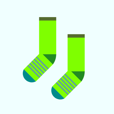 Two socks: Both are a Chartreuse sock with a ForestGreen heel, a DarkCyan toe, and a DarkOliveGreen cuff, with  five CadetBlue stripes on the foot, all on an Azure background.
