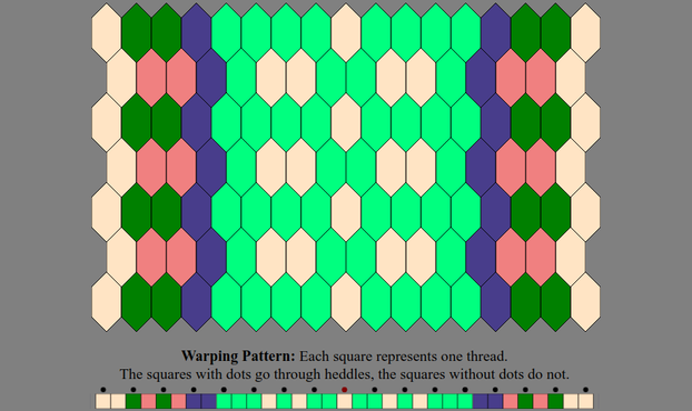 An Inkle weaving diagram and warping pattern in the color sequence listed in the text description: The warping pattern is a line of colored boxes with small dots above every other one, above which it states: "Warping Pattern: Each square represents one thread. The squares with dots go through heddles, the squares without dots do not." The weaving diagram is a series of tessellated lozenge shaped tiles illustrating how the pattern will appear when woven.