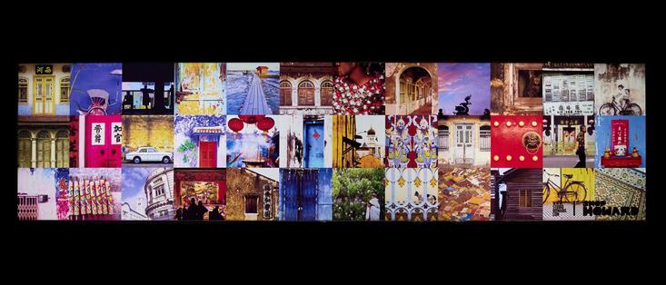 A vibrant collage of small photographs arranged in a wide rectangle or square format, showing colorful architectural details, street scenes, and cultural elements of Penang, Malaysia. The images include bright doorways, intricate windows, local people, bicycles, and urban textures. The collage is set against a black background in some versions, emphasizing the rich colors and diversity of the scenes.