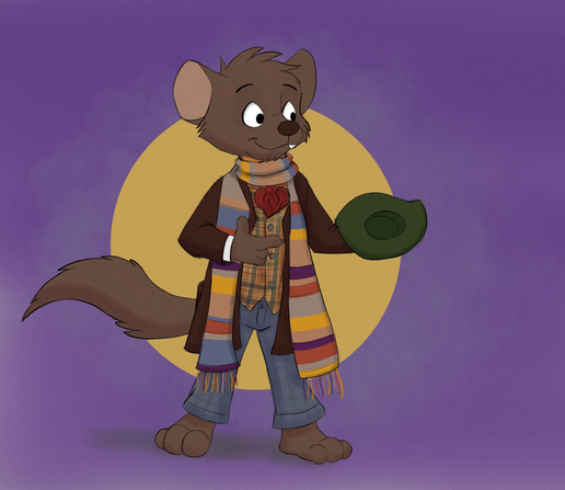 Treezel the marten dressed as the Fourth Doctor: long red coat, a scarf with way too many stripes, gray plaid pants, a red cravat, and holding a green fedora.