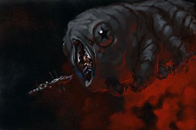 Digital painting of giant tardigrade like monster about to swallow spacecraft