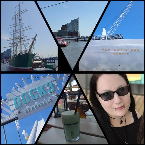 Bildercollage vom Betriebsausflug (Schiff, Selfie, Schild Beachclub)