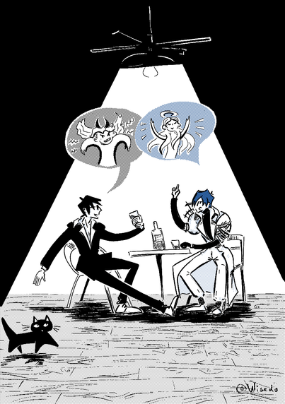 fanart with Wolfwood and Legato drinking in a bar
