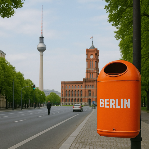 Berlinbild mit Mülleimer im Vordergrund