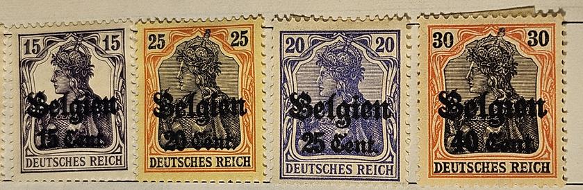 A row of four stamps of equivalent design, varying in denomination, black surcharge mark, and color. All four stamps are of an engraved figure facing left with a crown and signs of a malle shirt under a poorly defined robe ("Germania"). The frame is inverted shield shaped, point up. At the bottom reads "DEUTSCHES REICH" The top left and right corners are the value. A black stamp across the bredth of it reads "BELGIEN" with a value in "Cents". Left most is black ink in the engraving and 15 on the stamp, and "15 cents" on the surcharge. Second is red ink border with a black central figure on yellow paper, denominated 25 and stamped 20 Cents. Third is purple ink on white paper, denominated 20 and stamped 25 cents. Right is red border with a black central figure ink on white paper denominated 30, and stamped 40 cents.
