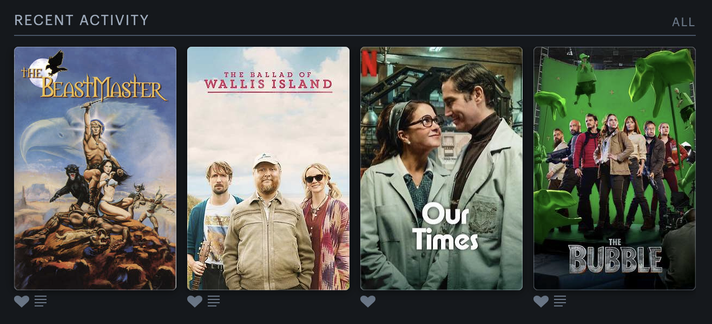 My last four watched on Letterboxd, The Beastmaster (liked and reviewed), The Ballad of Wallis Island (liked and reviewed), Our Times (liked, not reviewed), and The Bubble (liked, reviewed)