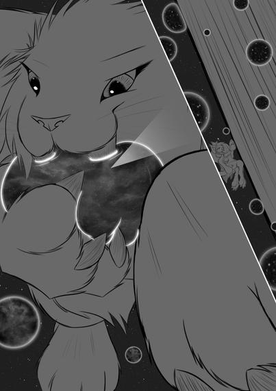Fang floats in space biting straight through a multiverse which he's holding in his paw.  To the side is an insert showing my character also named Fang somewhere near Fang's fang. (So that's where she got up while the rest of the nom squad were back on the planet!)