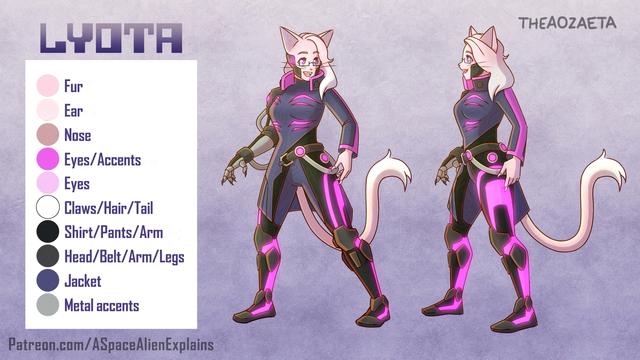 Reference sheet for a pink anthro cat character in a sci-fi outfit. Art by TheaOzaeta. Artist website Patreon.com/ASpaceAlienExplains