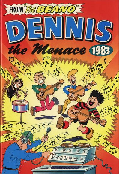 A comic piture showing three young lads playing guitar, one has a black-and-red striped jumper rather like Alex Harvey's.

Unlike the Sensational Band, the Dinmakers' drummer is a dog. The sound engineer is suffering under the loud noise.