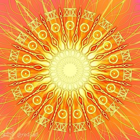 A stylized painting of the sun, it has 19 spokes with a flower pattern in the middle, with squiggly lines radiating out from behind it, the number XIX 19 times in between the spokes, and 19 sun symbols, a circle with a dot in the middle. The background is pinkish orange.