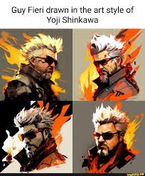 Guy Fieri drawn in the art style of Yoji Shinkawa the MGS designer.
