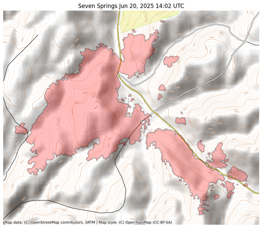 Visual map representation of the Seven Springs wildfire, showing the perimeters of the 801.6966847814741 acre fire on a map.