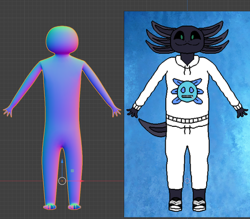 Blender screenshot of a WIP model of my fursona with the original reference photo on the side