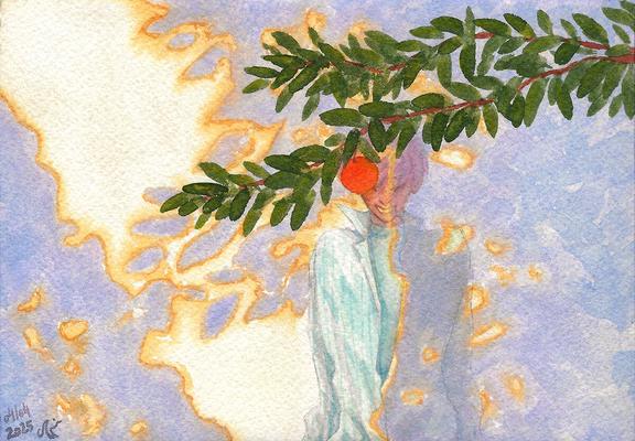 A watercolors illustration of a character against a partially sunlight wall, with branches of an orange tree coming over their head. An orange is partially obstructing their face and they are smiling.