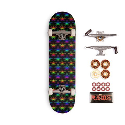 A skateboard with a rainbow repeating pot leaf pattern created from some of my cannabis art.