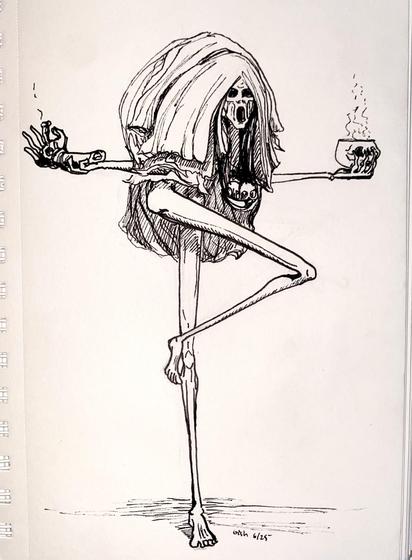 A pen drawing of a Ritekeeper from Bloodborne striking a pose.