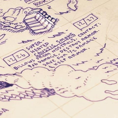 12/26: "Super-heated caustic smoke billows from nostrils. Contact: 9d6 damage, destroy armor. Save for 1/2 damage & keep armor." Drawing of smoke plume billowing from nostril.