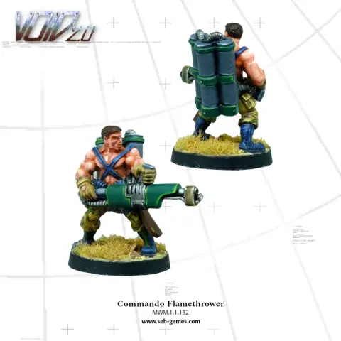 A detailed miniature figure of a commando equipped with a flamethrower, showcasing muscular features and wearing a blue and green outfit. The figure stands on a round base with tufts of grass, and a large backpack containing gas canisters is visible on its back. The image presents the figure from both the front and back, highlighting the flamethrower and the character's rugged design.
