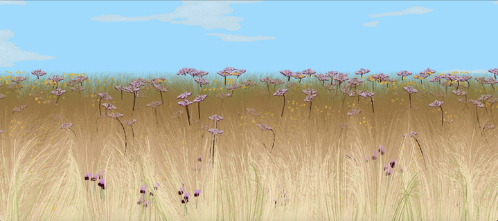 impressionistic meadow, with brown grass to the horizon line, lightening at the bottom. Sprays of pink, purple and yellow mimicking Joe Pye's weed, Bull Thistle and  jewel weed.