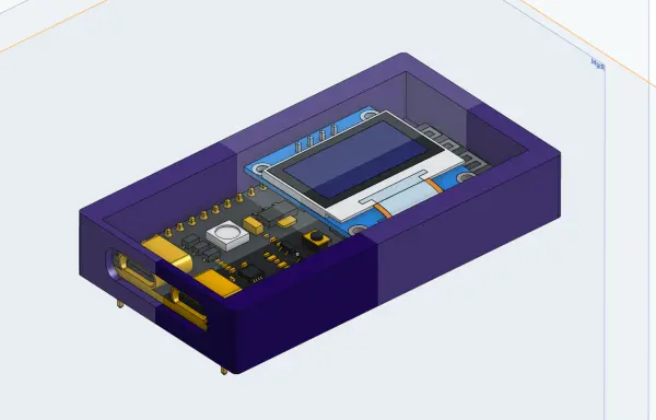 Imagem em CAD. Apenas a segunda peça está visível agora - sem a tampa. É possível ver o ESP32 em detalhes, bem como a tela OLED. Elas cabem perfeitamente dentro da carcaça desenhada sob medida.