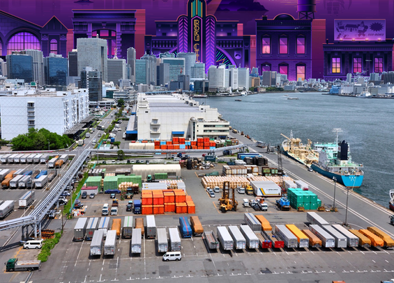 An image of a Japanese port with the sky replaced with an image of the Roku city screensaver thing.