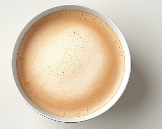 A color photo showing a close up overhead view of a cup of coffee.