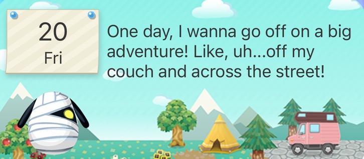 A cartoon-style scene featuring a cute, bandaged character with a speech bubble expressing a desire for adventure. There’s a calendar displaying "20 Fri" and a colorful background with mountains, trees, a tent, and a pink camper van.