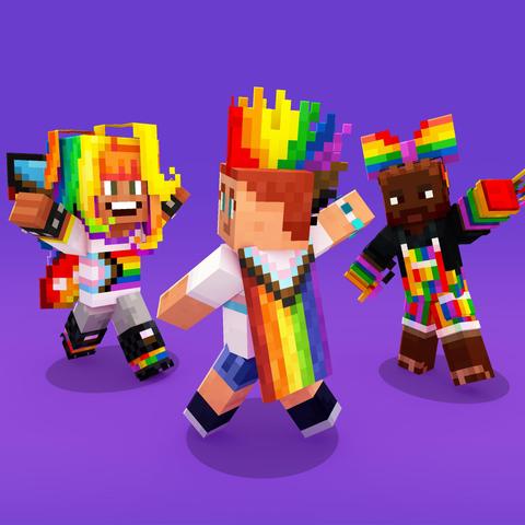 Several Minecraft characters wearing LGBTQ+ pride items from the Pride 2023 Sale, including the Progress Pride Cape.